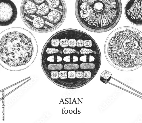 Asian Restaurant Menu. Hand-drawn illustration of dishes and products. Ink. Vector