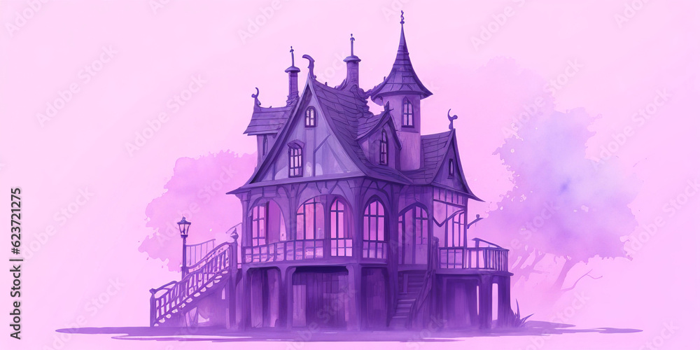 Ghost House watercolor illustration - Generative Ai