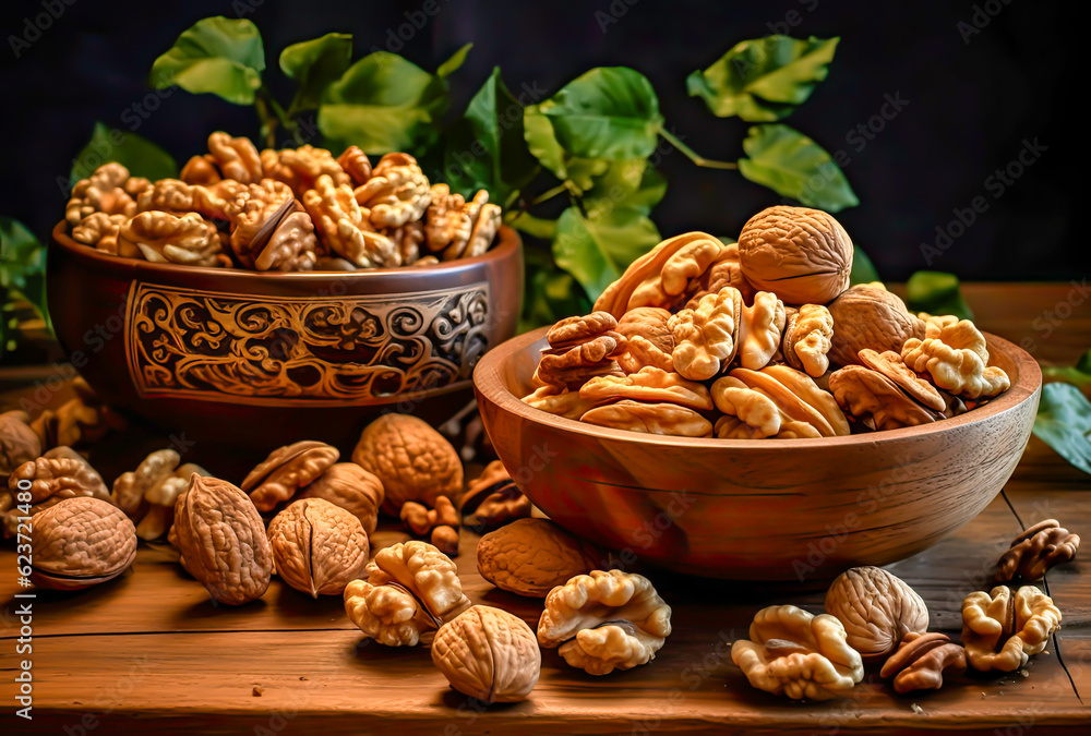 roasted walnuts in wooden bowls roasted walnuts in wooden bowls