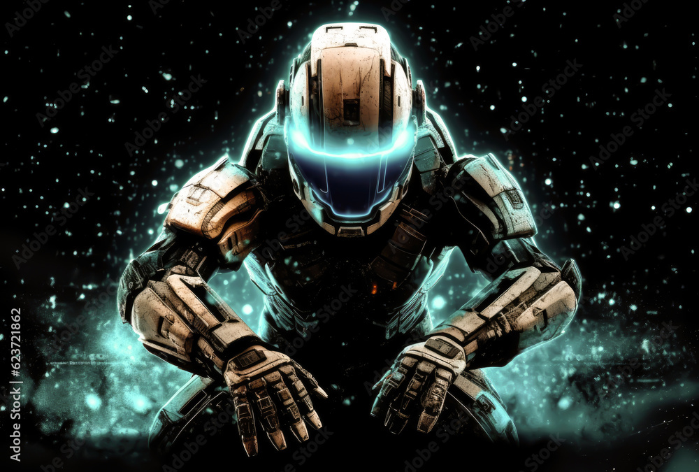 Fototapeta premium a soldier in blue helmet and black trousers in the city, future concept of mechanical suit of the future for soldiers or policemen