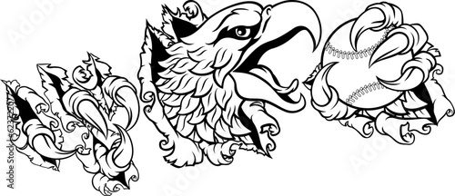 A bald eagle or hawk with claw talons holding a baseball ball and ripping or tearing through the background. Sports Mascot