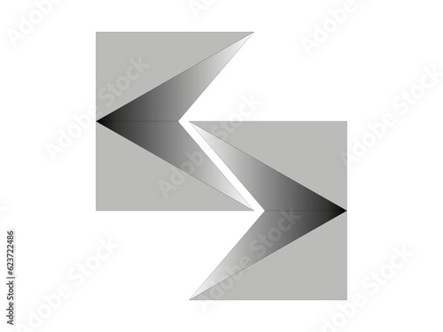 Grafika wektorowa przedstawiająca dwie figury geometryczne powstałe w wyniku szeregu przekształceń kwadratu. Poprzez zastosowanie gradientu uzyskano efekt 3D i metalicznego połysku.