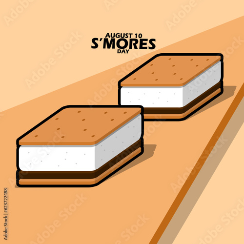 Delicious snack biscuit sandwich with marshmallow and chocolate filling served on brown table, with bold text to celebrate National S'mores Day on August 10