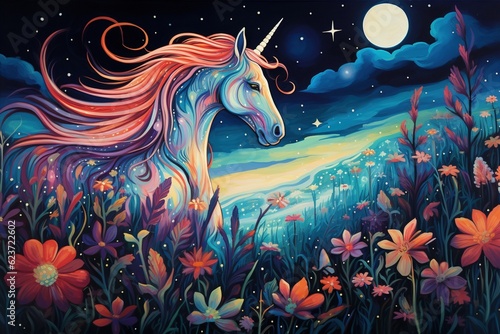 Canvas Print Whimsical, multi-coloured unicorn grazing peacefully in a moonlit meadow
