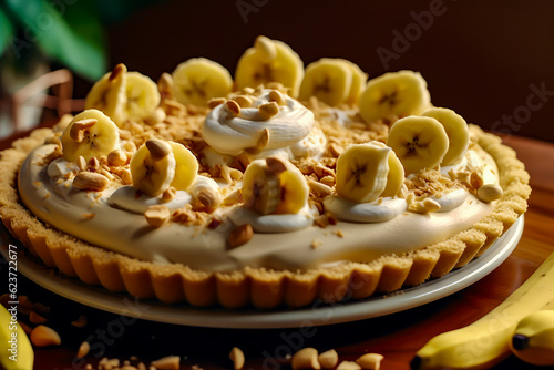 banana pie with some bananas next, close up, on wooden table