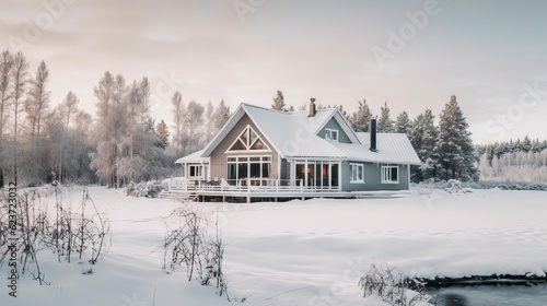 Scandinavian Villa with Snow-Covered Roof and Crisp White Exterior. Generative AI