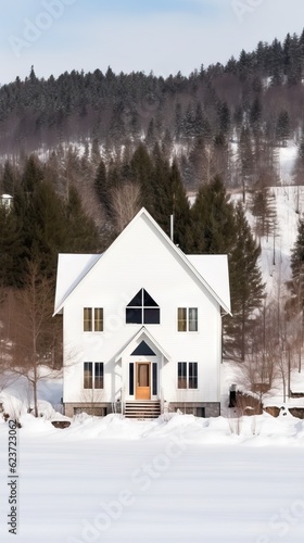 Scandinavian Villa with Snow-Covered Roof and Crisp White Exterior. Generative AI © Alexander