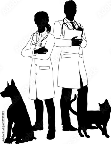 A male and female, man and woman vet or veterinarian with dog and cat pets in silhouette