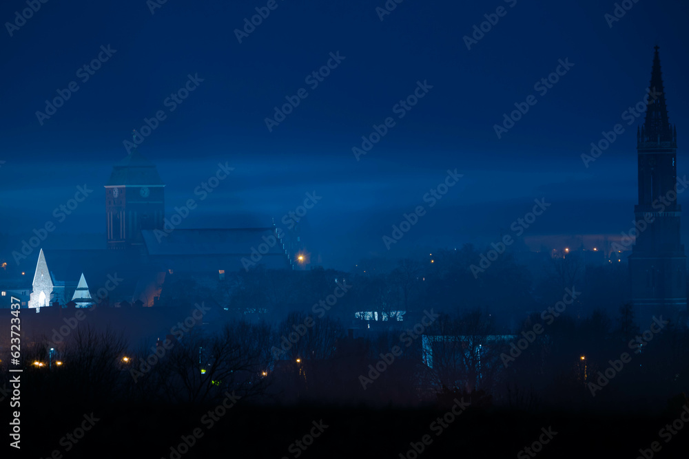 Zdjęcie przedstawia miasto nocą. Widać światła latarni ulicznych, oświetlone okna w budynkach i ciemne bryły wysokich budynków wież kościelnych. - obrazy, fototapety, plakaty 