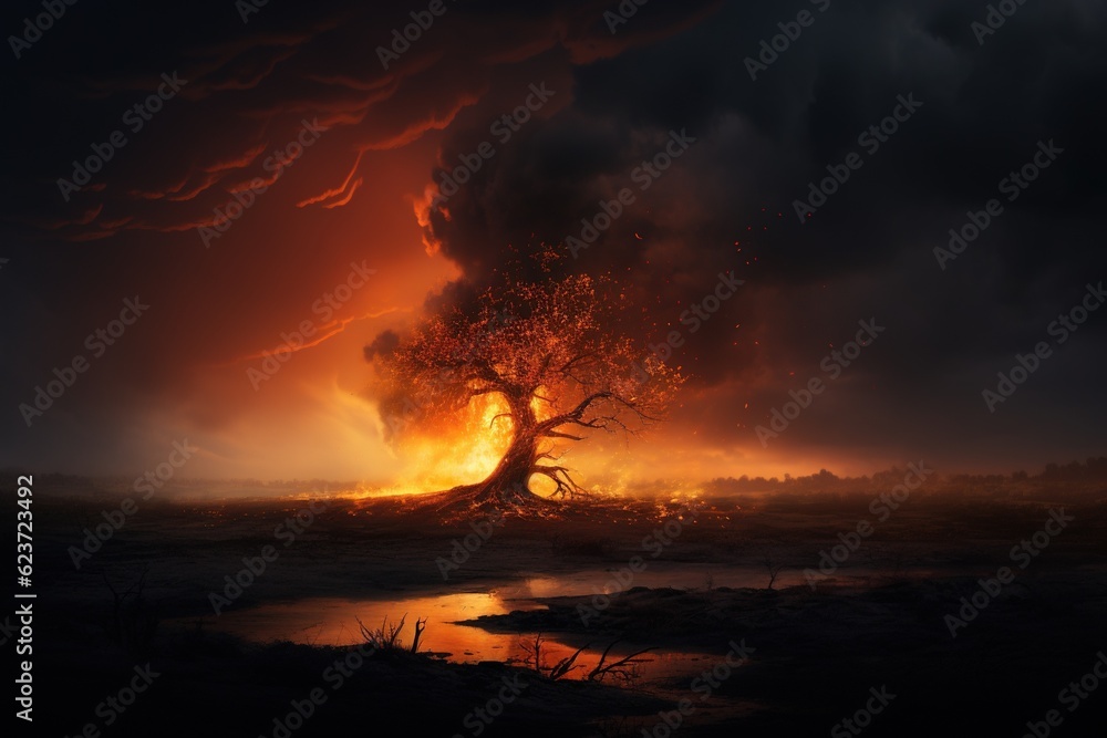 Wildfire approaching a lone untouched tree, calm before chaos
