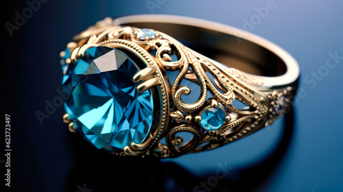 blue topaz ring with yellow gold, close up, isolated dark blue background