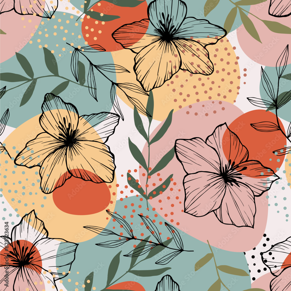 Fototapeta premium Floral background. Graphic line drawing. Botanical seamless pattern. 