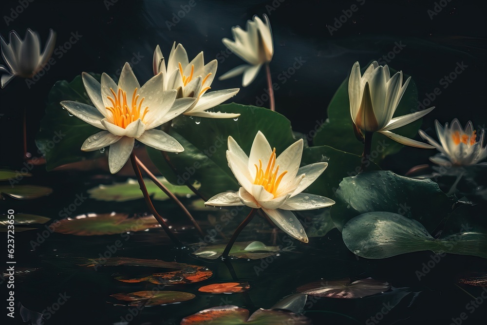 White Lilies in a Pond with Green Leaves on a Dark Background. Generative AI