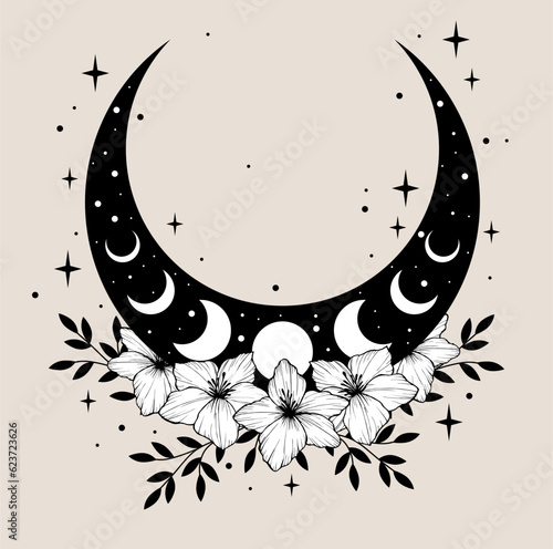 Moon phase flowers. Vector floral moon. Black crescent floral graphic element. Celestial boho drawing illustration. Moon phase and flowers black logo. Astrology moon shape design.