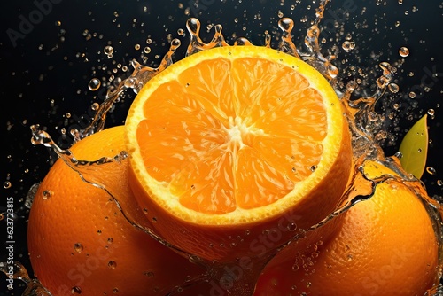 Juicy Orange Slices with Splashing Juice on Tropical Fruit Label. Generative AI