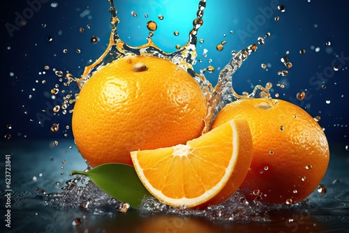 Juicy Orange Slices with Splashing Juice on Tropical Fruit Label. Generative AI