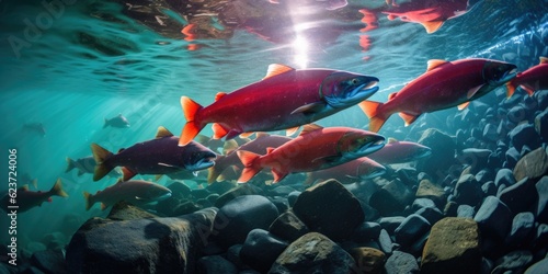 Vibrant Underwater Encounter: A Thriving School of Salmon in Alaska, generative ai photo