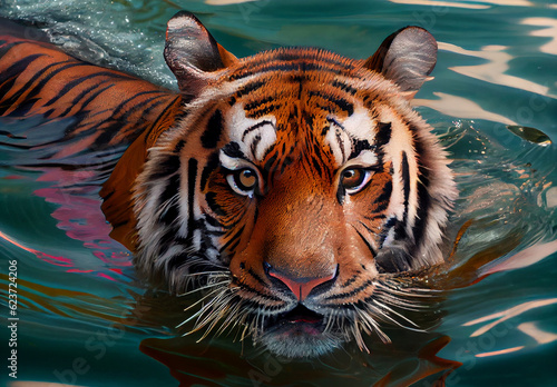 Tiger swimming in the water with reflection on the water surface.