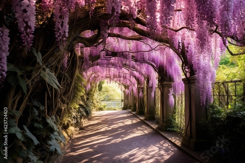 Wisteria canopy in full bloom over a quiet garden path