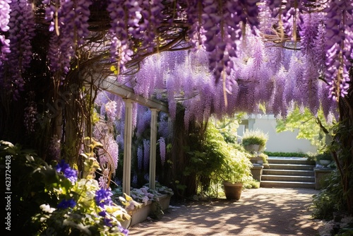 Wisteria canopy in full bloom over a quiet garden path