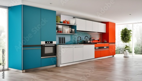 modern kitchen with red , white and blue ,, AI generated 