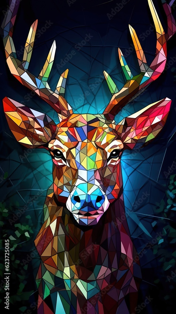 Stained Glass Deer on Dark Background. Generative AI