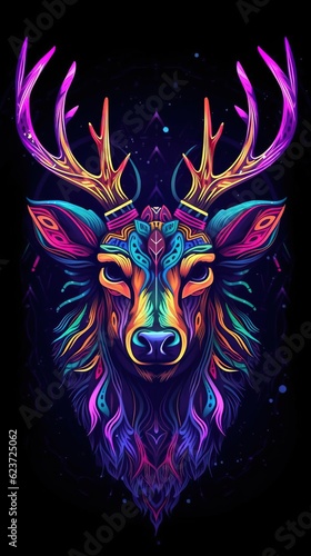 Neon Deer on Dark Background. Generative AI