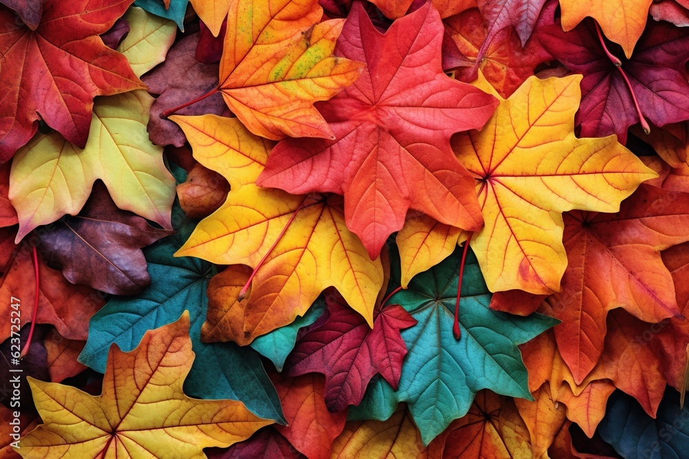 Autumn maple leaves forming a vibrant, colorful carpet