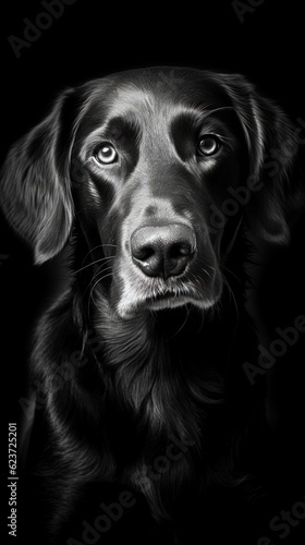 Black and White Dog on Dark Background. Generative AI