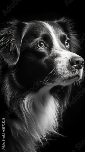 Black and White Dog on Dark Background in Full Focus. Generative AI