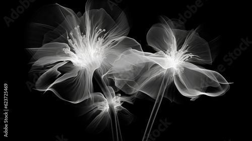 Monochrome x-ray image of a ethereal flower on black. Fantasy mystical blossom. Generative AI