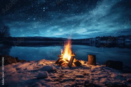 Bonfire at the edge of a frozen lake under starry sky
