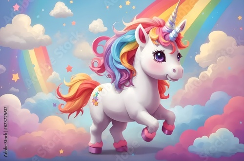 Cute little Unicorn in Clouds with Rainbow, adorable unicorn.