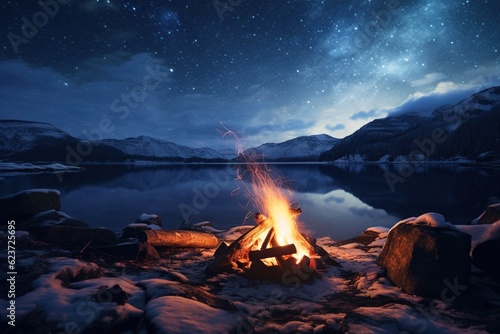 Bonfire at the edge of a frozen lake under starry sky