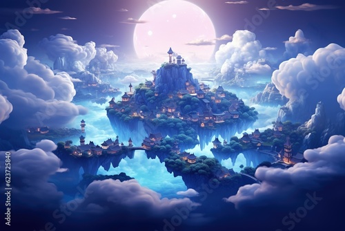 Captivating floating islands nestled amongst fluffy clouds in the twilight sky © Dan