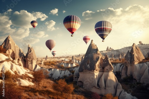 Air balloons fly mountains. Generate Ai