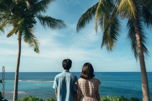 Asian couple watch sea. Generate Ai