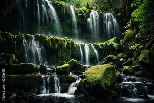 Cascading waterfall surrounded by dense fern and moss growth © Dan