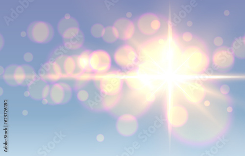 Sunny background, sun with lens flare and blurry bokeh.