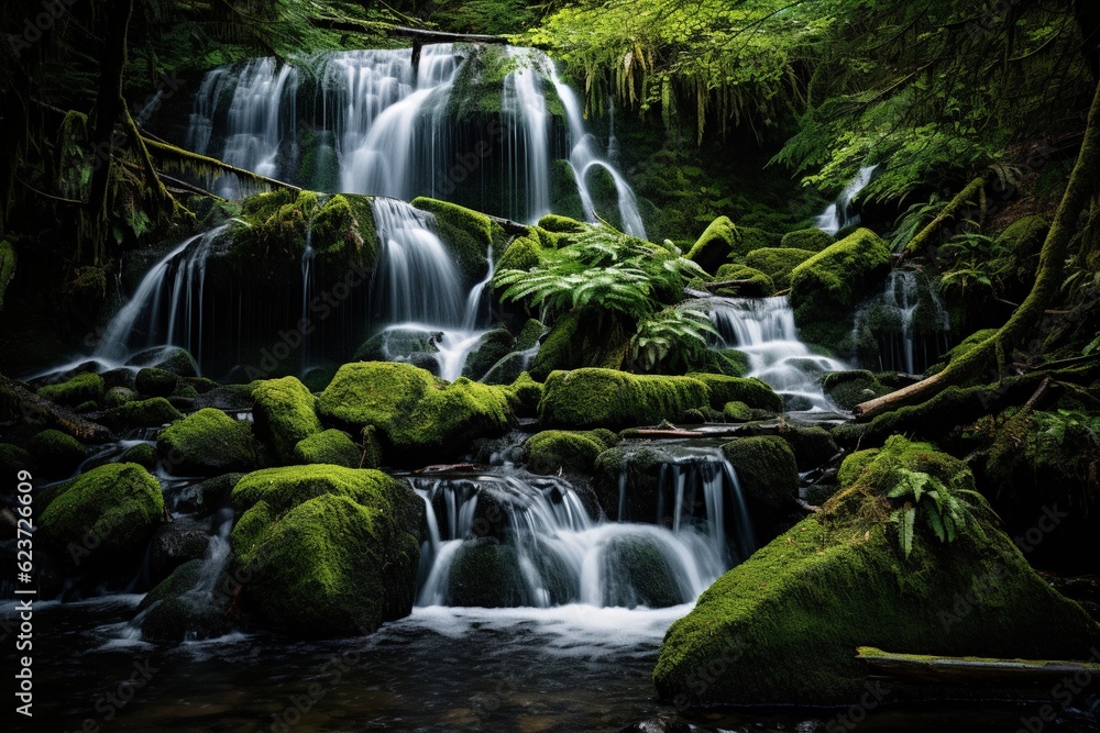 Cascading waterfall surrounded by dense fern and moss growth