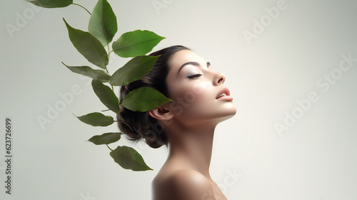 Natural beauty with green leaves near the face. Empty copy space on one side. Web banner background. Generative AI.