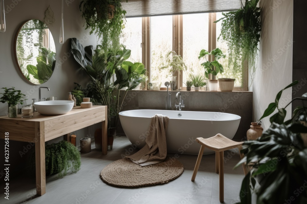 Bathroom interior green plants. Generate Ai Bathroom interior green plants. Generate Ai