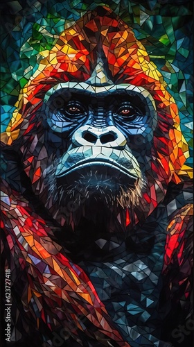 Stained Glass Gorilla on Dark Background. Generative AI