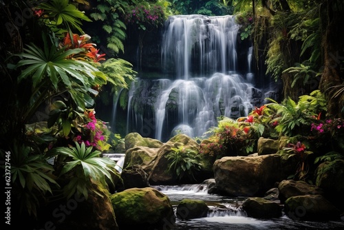 Cascading waterfall surrounded by vivid tropical foliage