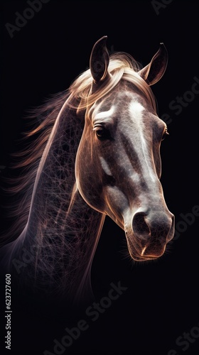 Majestic Horse in Double Exposure Style on Dark Background. Generative AI