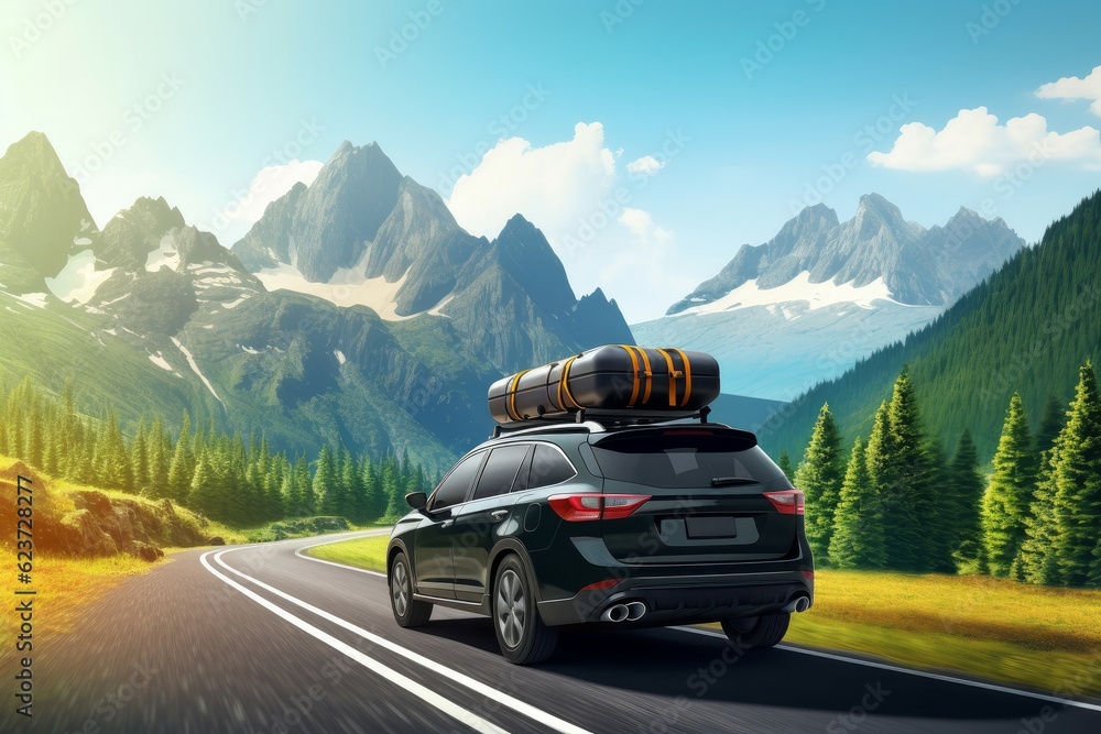 Car roof luggage box travel mountains. Generate Ai
