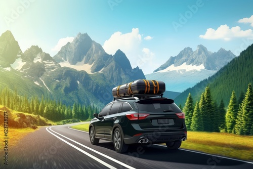 Car roof luggage box travel mountains. Generate Ai © nsit0108