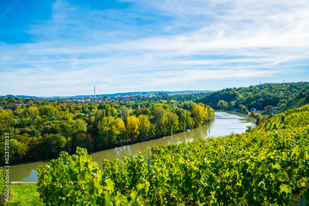 Germany, Stuttgart aerial panorama view, max eyth see, lake water neckar river boats beautiful houses autumn nature landscape and bridge with sun