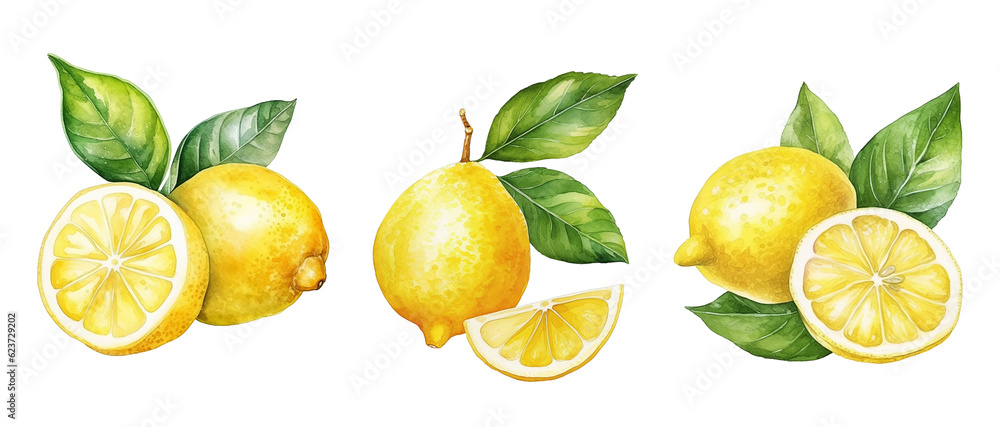 Set of watercolor lemons isolated on white background. 