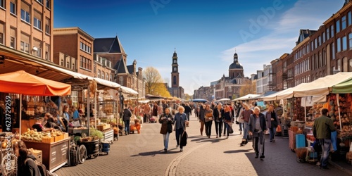 Fototapeta Naklejka Na Ścianę i Meble -  Wide-Angle Delight: Exploring Albert Cuyp Market, Amsterdam, generative ai